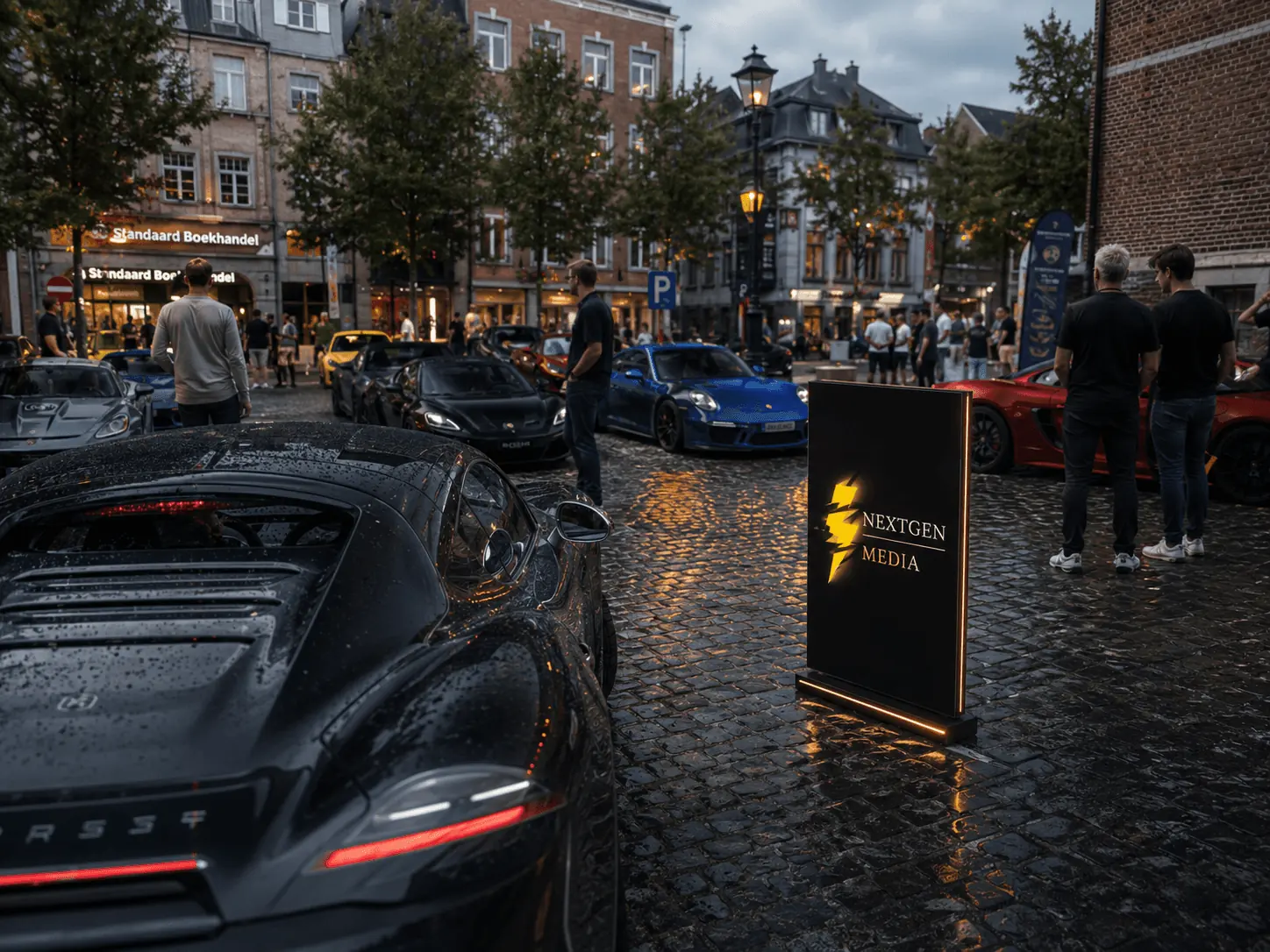 Banner van NextGenMedia bij een avondevenement