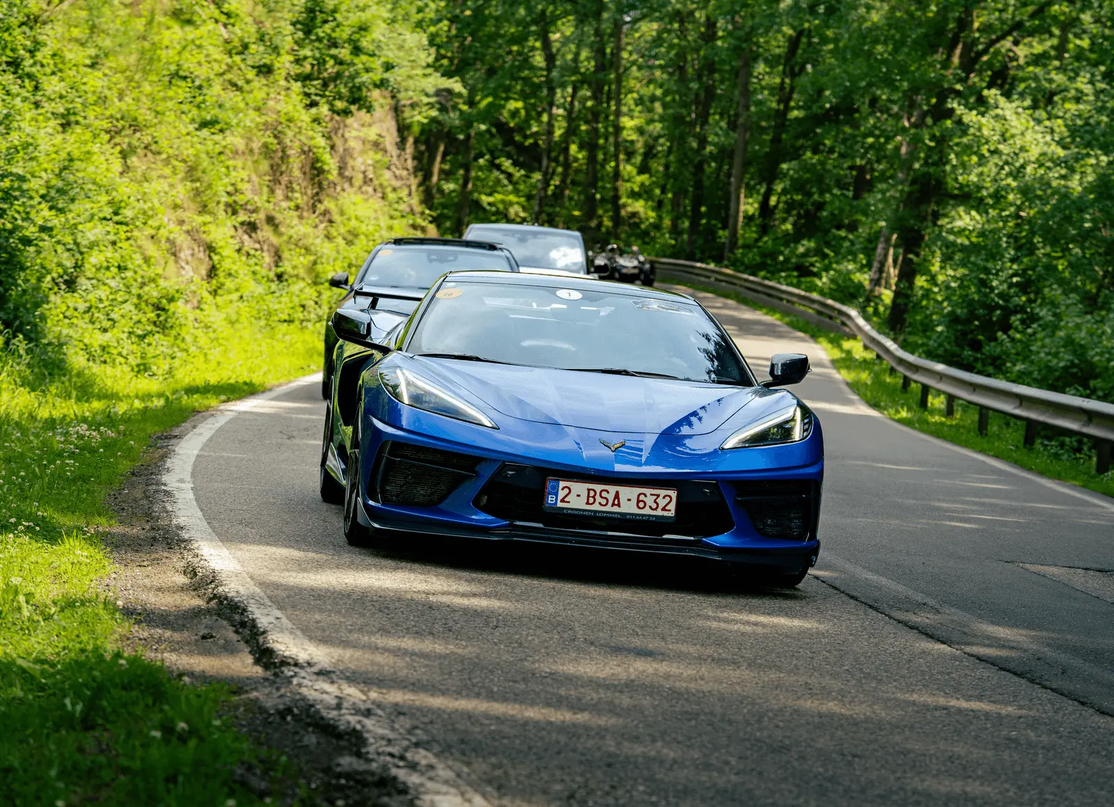 Corvette op een bosweg